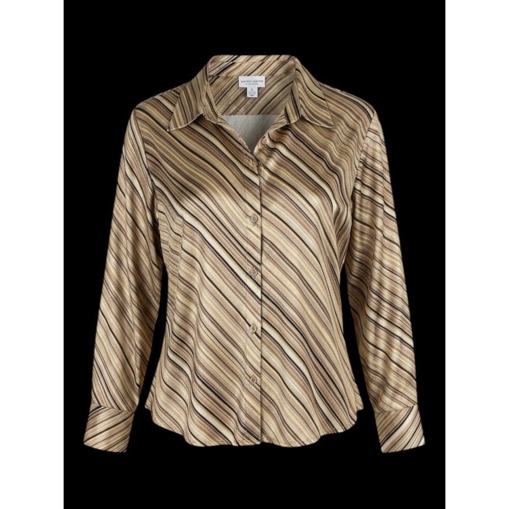 Jaclyn Smith Classic Striped Button Down Blouse Tan Brown Neutral Women 16W